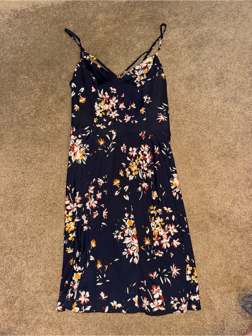 Navy Floral Midi Slip Dress with Spaghetti Straps